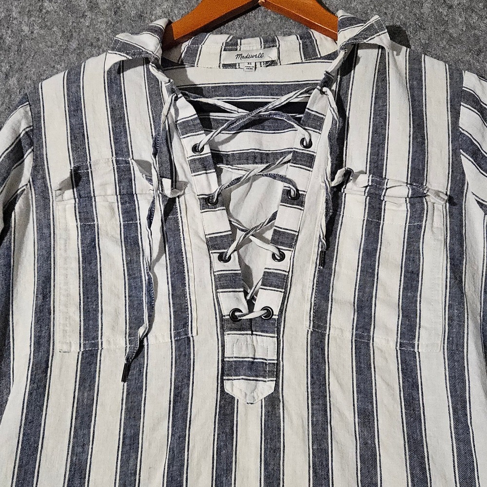 Madewell Striped Lace Up Tunic Dress Women XS Blue White Linen Blend G3049 - Picture 2 of 9